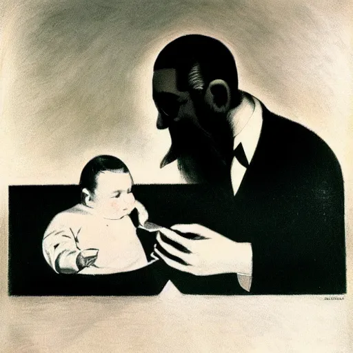 Image similar to laszlo moholy - nagy painting of beard grandpa taking a photo to a baby girl