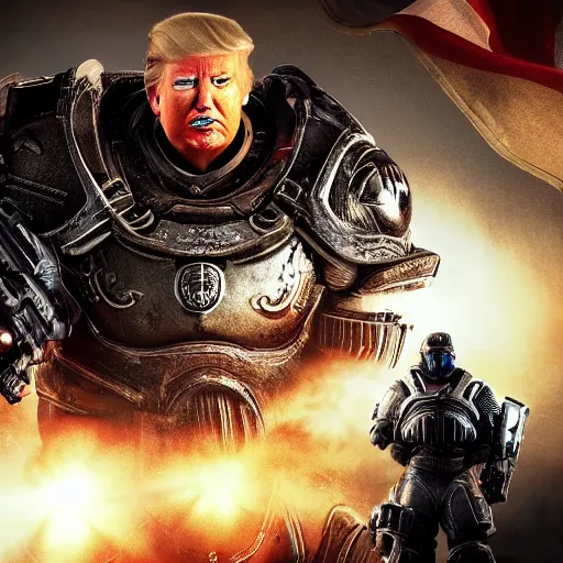 Image similar to Photo portrait of Donald Trump as Crusader!! in Gears of War, splash art, movie still, detailed face, photorealistic facial features, cinematic lighting, dramatic, octane render, long lens, shallow depth of field, bokeh, anamorphic lens flare, 8k, hyper detailed, 35mm film grain