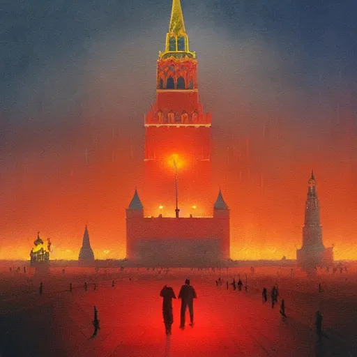 Prompt: a painting of a burning Red Square in Moscow, a watercolor and matte painting by Beeple and RHADS and maxfield parrish, cgsociety, brutalism, dystopian art, sci-fi, artstation hq