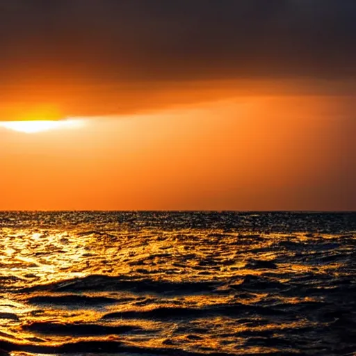 Image similar to sunset on the ocean, black sky, sky is black, sun setting in a dark sky, water is golden, gold ocean, sunset with dark sky and gold water