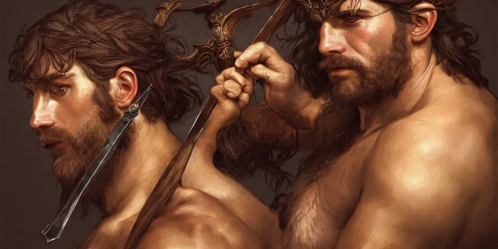 Image similar to renaissance upper body portrait of a gruff ranger with a spear, lean and toned, handsome face, hairy chest, D&D, intricate, elegant, highly detailed, digital painting, artstation, concept art, matte, sharp focus, illustration, art by da Vinci, Artgerm and Greg Rutkowski and Alphonse Mucha