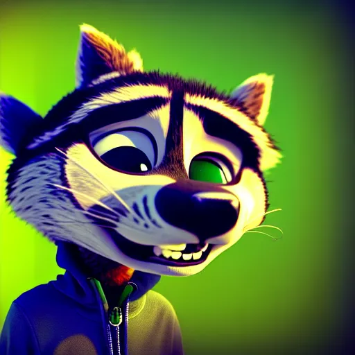 Image similar to a chill stoner with a black hoodie on with a marijuana themed dark green raccoon head from zootopia, wearing beanie, smoking, 3 d, blender 3 d, render, extremely detailed, 8 k, detailed fur