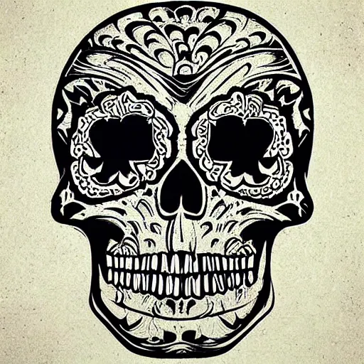 Image similar to “ sugar skull mirror image woodcut by mc escher and hp lovecraft ”