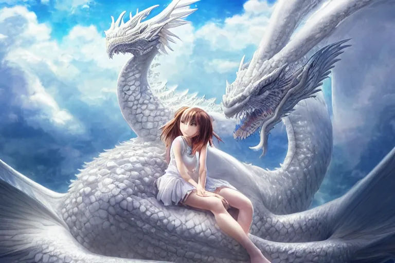 Image similar to the beautiful hyper detailed big scene render that a beautiful girl sitting on the back of a huge silver white dragon alone in fairyland surrounded by white clouds, finely detailed angelic face delicate features, style of studio ghibli, makoto shinkai, artgerm, karol bak, kazuki tanahashi, james jean, ross tran, xision, ultra wide angle