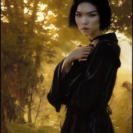 Prompt: detailed cinematic wide shot of beautiful attractive tao okamoto asian vampire woman slim face symettrical face clean skin black eyes black robe smooth, sharp focus, ultra realistic, spring light, painting by gaston bussiere, craig mullins, j. c. leyendecker