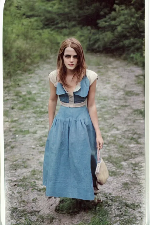 Image similar to color polaroid of Emma Watson by Andrei Tarkovsky full length shot, wearing in a summer dress
