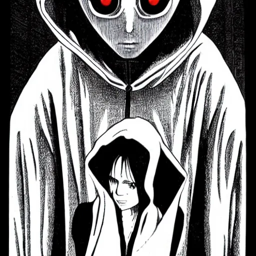 Image similar to hooded man, junji ito,