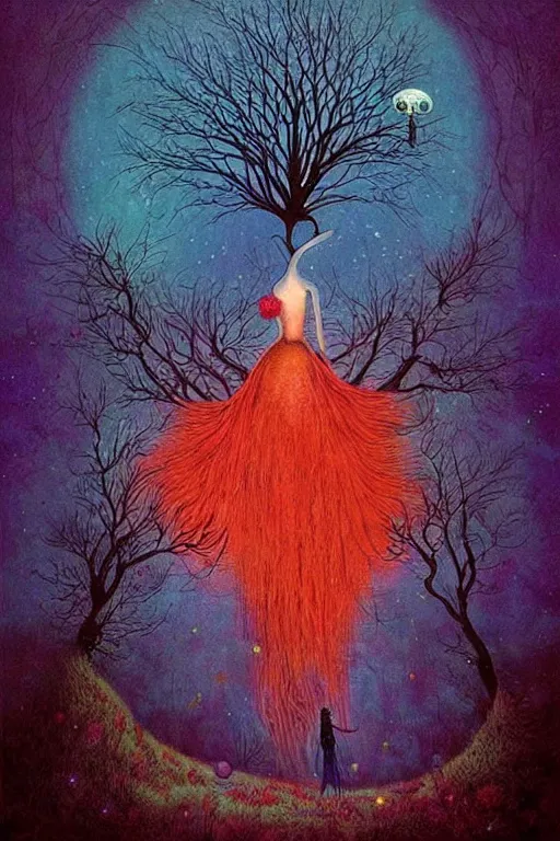 Image similar to surreal neil gaiman's Death, nostalgia for a fairytale, magic realism, flowerpunk, mysterious, vivid colors, by andy kehoe, amanda clarke