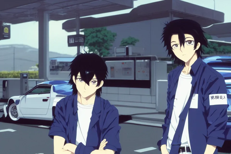 KREA - very serious ryosuke takahashi with black hair wearing a dark blue  shirt and white pants stands alone leaning on his white mazda rx 7 on an  empty gas station, late