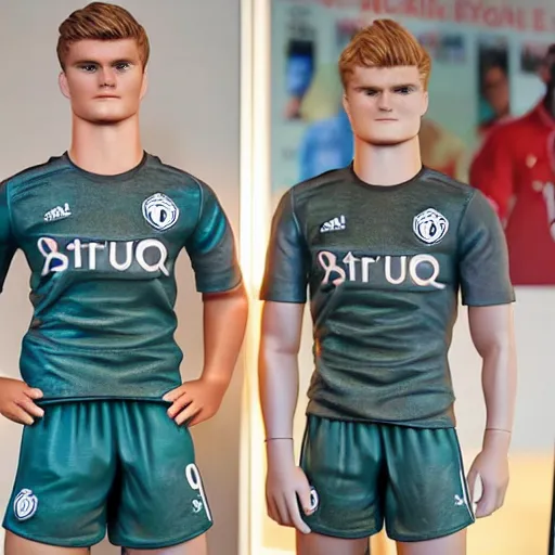 Image similar to a realistic detailed photo of a guy who is an attractive humanoid who is half robot and half humanoid, who is a male android, soccer players martin ødegaard & timo werner, shiny skin, posing like a statue, blank stare, in a living room, on display, showing off his muscles, gold soccer shorts, side view