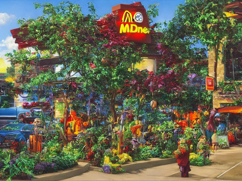 Image similar to Ordering at a busy McDonalds drive thru made of plants and gemstones, Peter Blume oil painting