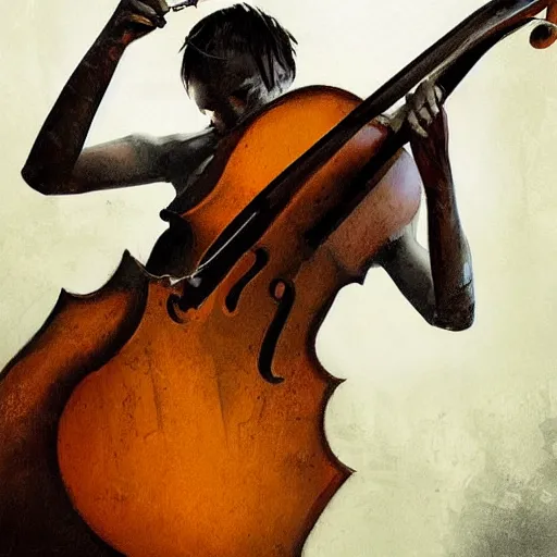 Prompt: strange composition with electro guitar in cello shape by greg rutkowski