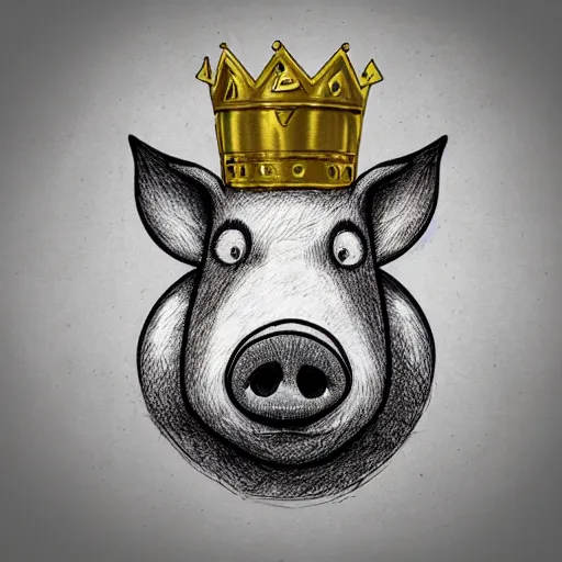 Image similar to grunge cartoon sketch of a pig in a gold crown by beeple , loony toons style, horror themed, detailed, elegant, intricate