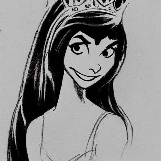 Image similar to milt kahl sketch of victoria justice as princess with hair tendrils