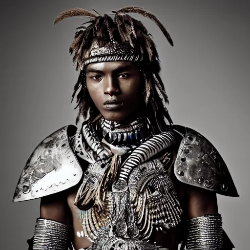 Prompt: a portrait of a beautiful young tribal male wearing an alexander mcqueen armor , photographed by andrew thomas huang, artistic