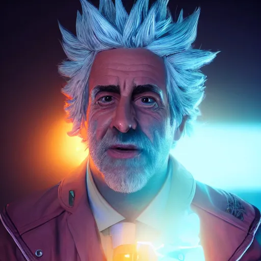 Image similar to portrait art of rick sanchez 8 k ultra realistic, lens flare, atmosphere, glow, detailed, intricate, full of colour, cinematic lighting, trending on artstation, 4 k, hyperrealistic, focused, extreme details, unreal engine 5, cinematic, masterpiece