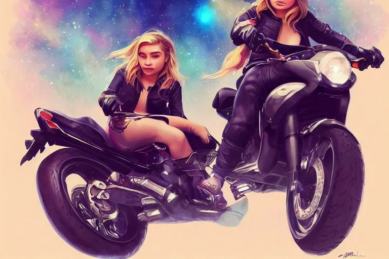 Image similar to chloe grace moretz is riding a motorbike, digital painting, artstation, the space background, concept art, by artgerm hyperdetailed trending on artstation trending on deviantart