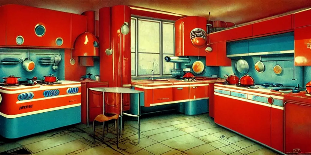 Prompt: soviet retro - futuristic kitchen by drew struzan