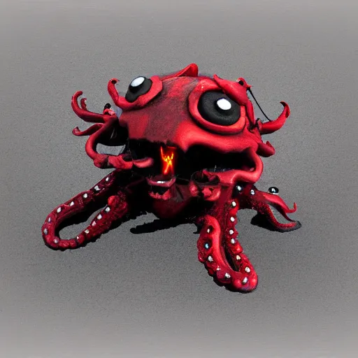 Prompt: a demonic kraken with glowing red eyes eating a battle ship