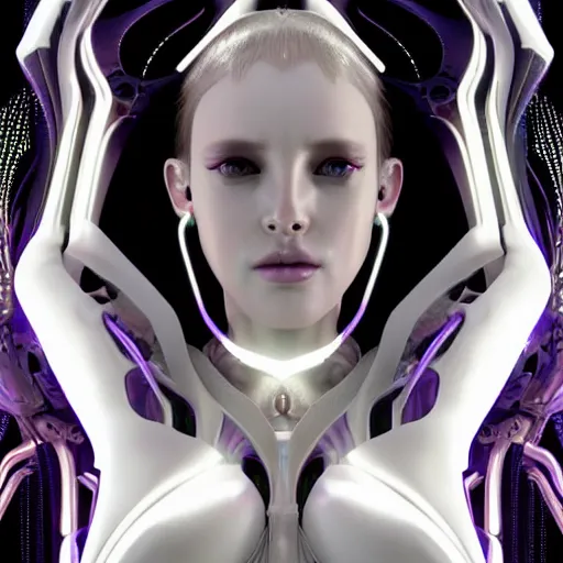 Image similar to symmetrical feminine cyborg goddess rendered in Cinema 4D and Octane and Unreal Engine 5, elegant cybernetic body and ornate futuristic robes, glowing white neon eyes, platinum and obsidian flowing long hair, art by Artgerm, Beeple and Alphonse Mucha, hyperrealism, full body photogenic shot, digital render, cinematic lighting ornate earrings, 8k resolution, masterpiece work