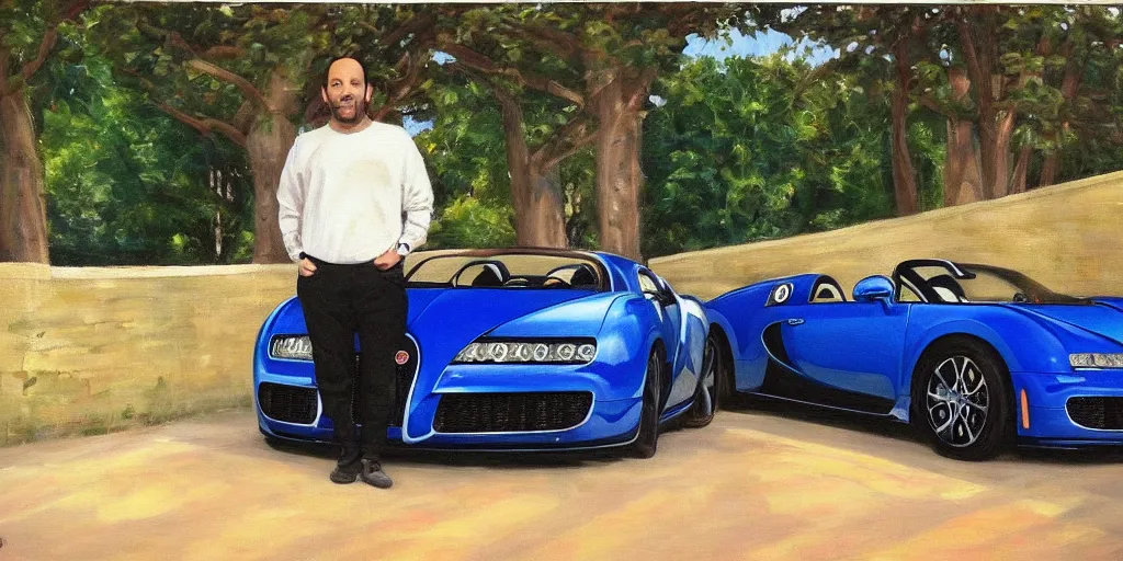 Image similar to a painting of andrew tate and his bugatti by bob ross