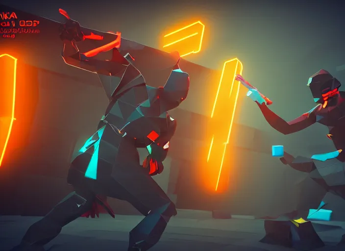 Prompt: low poly model of a neon ninja in an epic battle with a demon, sci-fi, cinematic, 12k, unreal engine