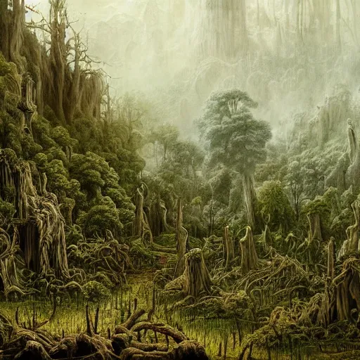 Image similar to a beautiful spooky and highly detailed matte painting of a gothic floral garden in a evil forest in the dry valley high in the most terrible mountains ever, intricate details, epic scale, insanely complex, 8 k, sharp focus, hyperrealism, very realistic, by caspar friedrich, greg rutowski, james gurney