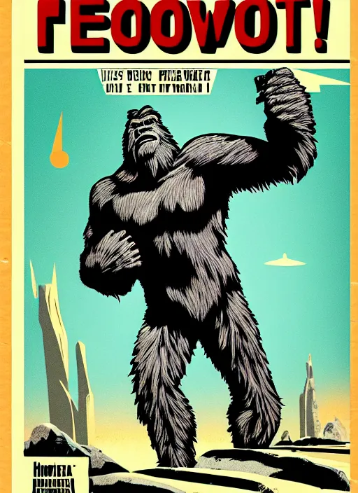 Image similar to bigfoot in retro sci fi pulp newsprint illustration cover