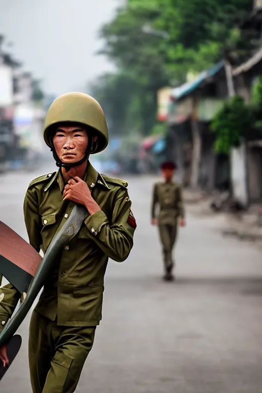 Image similar to vietnam soldier with skateboard, pulitzer award, big close up, captured by nikon d 8 5 0, 4 k, body features, face features, bokeh, proportional, object features, by daniel berehulak and adnan abidi and preston gannaway