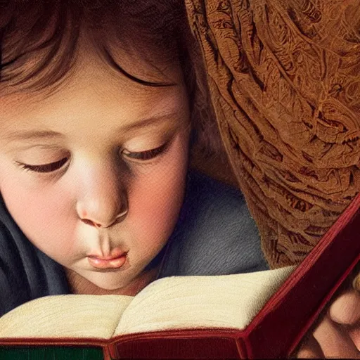 Prompt: hyperrealistic hyperdetailed half-lenght portrait of child, reading an elaborated illustrated book. in the style of Michelangelo. amazing textures. HD 8x no frame