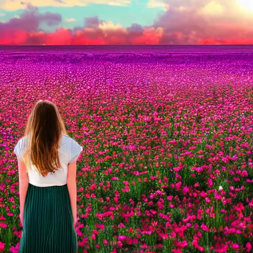 Image similar to girl among the flower field looks at the cosmic sky, epic, 4 k, high detalied, hyper realistic