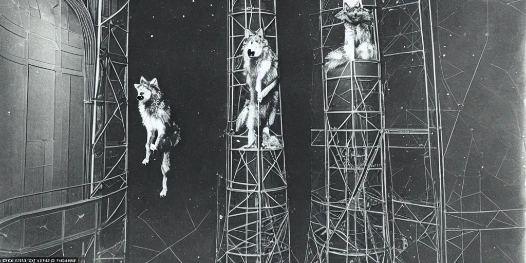 Prompt: anthropomorphic furry wolf inside a giant automaton tower that tracks the stars, 1900s photograph