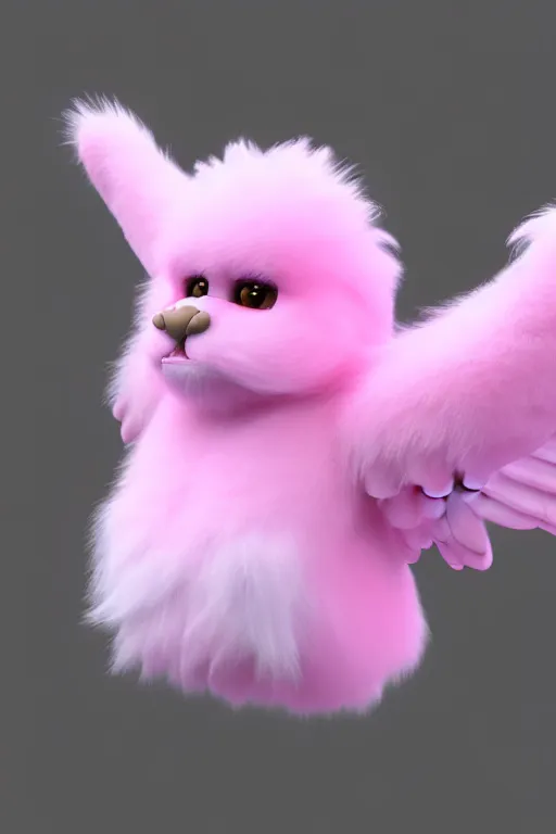 Image similar to high quality 3 d render hyperrealist very cute multipastel fluffy monster with fluffy wings, vray, smooth in _ the background, artstation