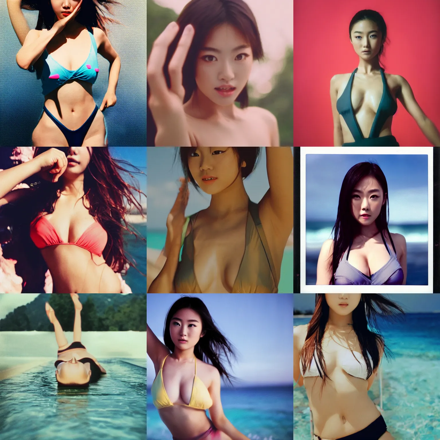 Prompt: Worksafe,8K HD incredible dynamic movie shot,very close-up young beautiful gorgeous cute Japanese actress supermodel J-Pop AV idol girl posing in swimsuit, motion.High budget Hollywood movie.At Behance and Instagram,taken with polaroid kodak portra.Photoshop,Adobe After Effects