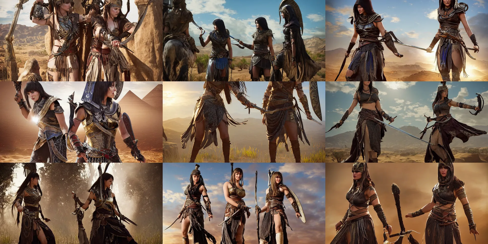 Prompt: Paintings of cinematic stills from the Xena Warrior Princess and Assassin's Creed Origins crossover, full-body, bloom, Gothic mixed with Victorian mixed with Roman architecture, dynamic poses, intricate jewelry, vests, corsets, knee-high boots, ornate, filigree, cinematic lighting, god rays!!!, by WLOP!!!!!!!, by Legends of the Cryptids, by Maxfield Parrish!!!!, by Nebezial!!!, portfolio illustration, highly detailed, trending on Artstation, CGsociety, HQ, 8k, 35mm lens, f2.8, Bokeh, rendered in Arnold, rendered in Octane.