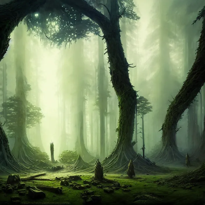 Image similar to the forest council, gods, environment, illustration, symmetrical, smoky, unreal engine, colors, epic scene, fantasy art by greg rutkowski, octane redner, golden raito, high quality, intricate details, highly details, intricate, atmosphere, highly detailed, matte painting, cinematic, deviantart, realistic, concept art, 4 k