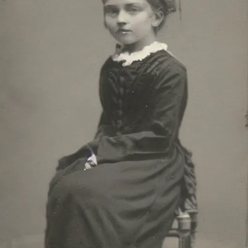 Prompt: Portrait of a girl wearing a Victorian era dress sitting on a chair, 1900s photography