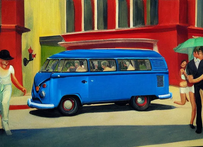 Image similar to detailed painting two young men and women near blue vw bus by edward hopper, bernardo bertolucci dreamers movie scene