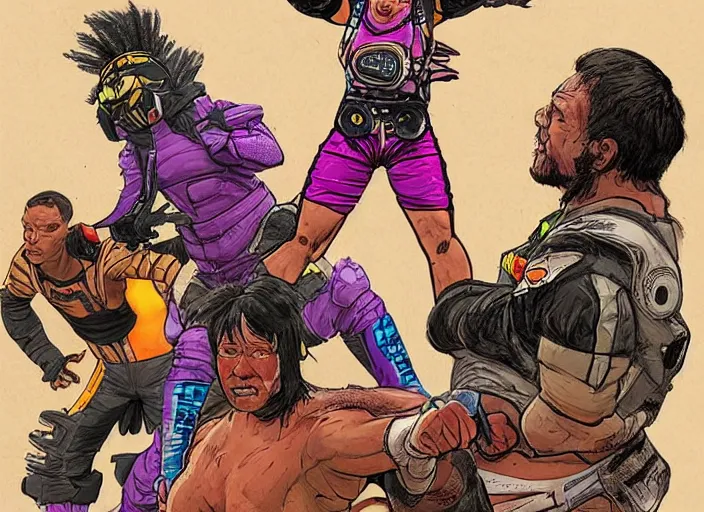 Image similar to apex legends pro wrestling match. concept art by james gurney and mœbius. gorgeous face.