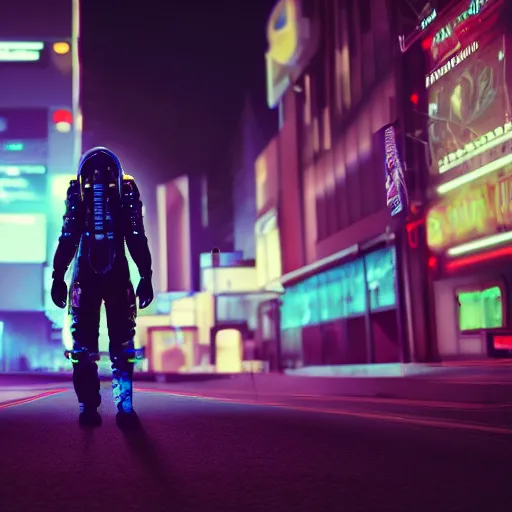 Prompt: cyberpunk astronaut walking alone down a deserted city street, neon lights, octane render, iridescent lighting,