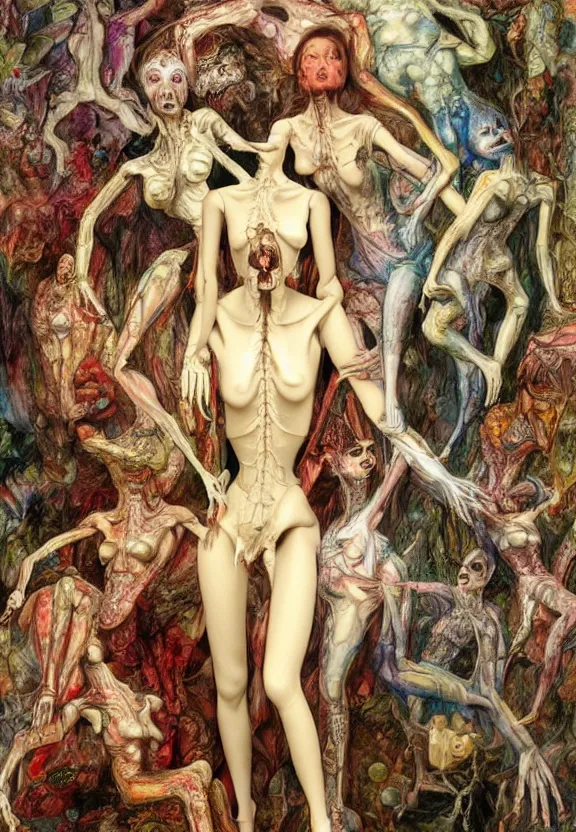 Prompt: simplicity, colorful muscular eldritch mannequins dolls radiating town fractal, white bones, colorful gems, by h. r. giger and esao andrews and maria sibylla merian eugene delacroix, gustave dore, thomas moran, pop art, chiaroscuro, biopunk, art nouveau