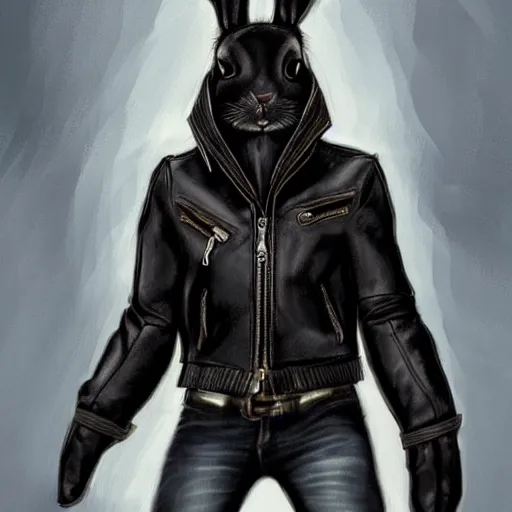 Prompt: A bunny with a small head wearing a fine intricate leather jacket and leather jeans and leather gloves, trending on FurAffinity, energetic, dynamic, digital art