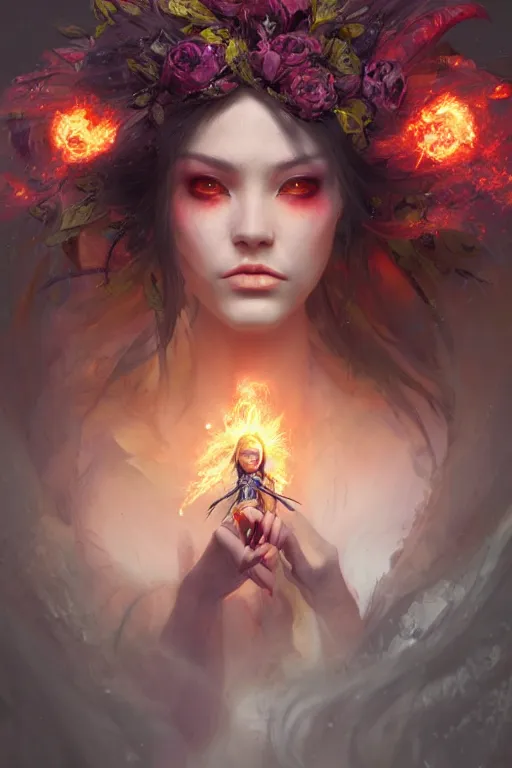 Image similar to face closeup of beautiful girl necromancer, witch - doctor exploding into flowers, angels, 3 d render, hyper - realistic detailed portrait, holding fire and electricity, leaves and magic, ruan jia, wlop. scifi, fantasy, magic the gathering, hyper detailed, octane render, concept art, peter mohrbacher