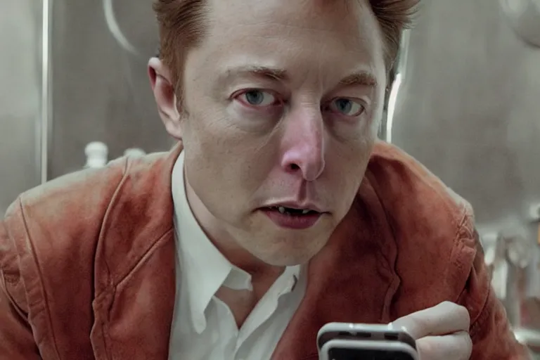 Image similar to hyperrealism aesthetic ridley scott and denis villeneuve style fashion photography of a detailed hyperrealism elon musk, siting on a detailed hyperrealism toilet and scrolling his detailed smartphone in hyperrealism scene from detailed art house movie in style of alejandro jodorowsky and wes anderson