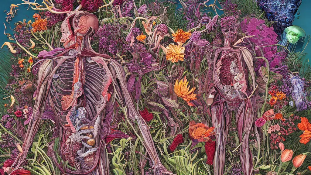 Image similar to highly detailed illustration of a human anatomy body exploded by all the known species of flowers by juan gatti, by moebius!!,, by oliver vernon, by joseph moncada, by damon soule, by manabu ikeda, by kyle hotz, by dan mumford, by kilian eng