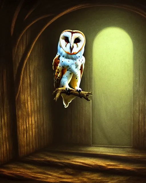 Image similar to an extremely detailed masterpiece surreal painting of a barn owl in the barn, in the style of brian froud, brian despain, brian bolland, digital art, unreal engine, volumetric lighting, dark moody lighting, post apocalyptic, 4 k