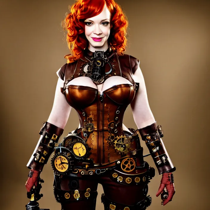 Prompt: full body photograph of christina hendricks as a steampunk warrior, Extremely detailed. 8k