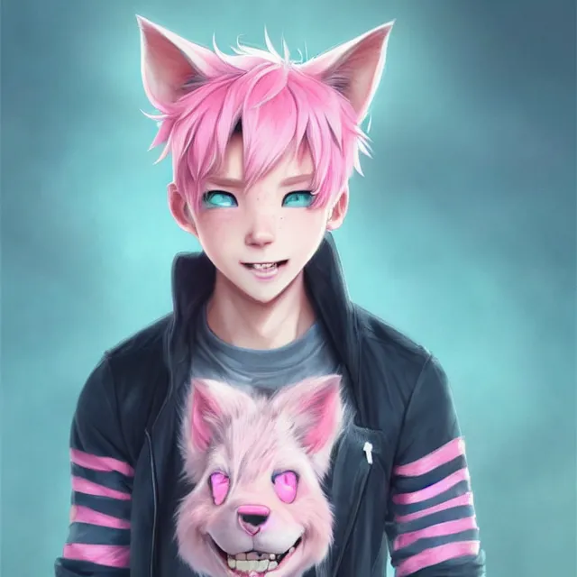 Image similar to character concept art of a cute boy with pink hair and pink wolf ears and freckles | | cute - fine - face, pretty face, key visual, realistic shaded perfect face, fine details by stanley artgerm lau, wlop, rossdraws, james jean, andrei riabovitchev, marc simonetti, and sakimichan, trending on artstation