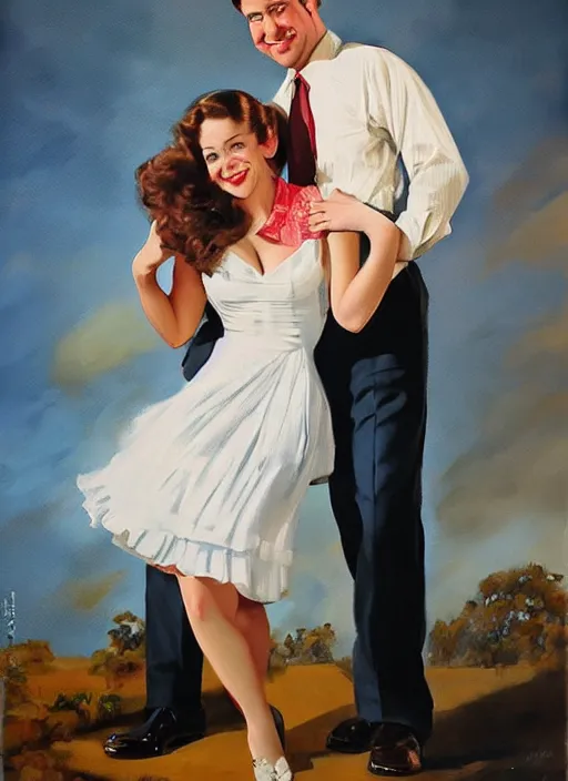 Prompt: portrait painting of jim halpert and pam beesly, happy couple, in the style of gil elvgren