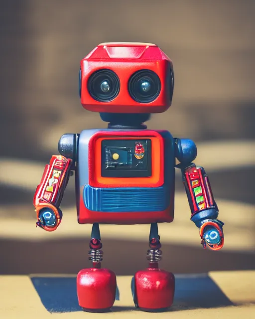 Image similar to high quality presentation photo of a retro toy robot, photography 4k, f1.8 anamorphic, bokeh, 4k, Canon, Nikon